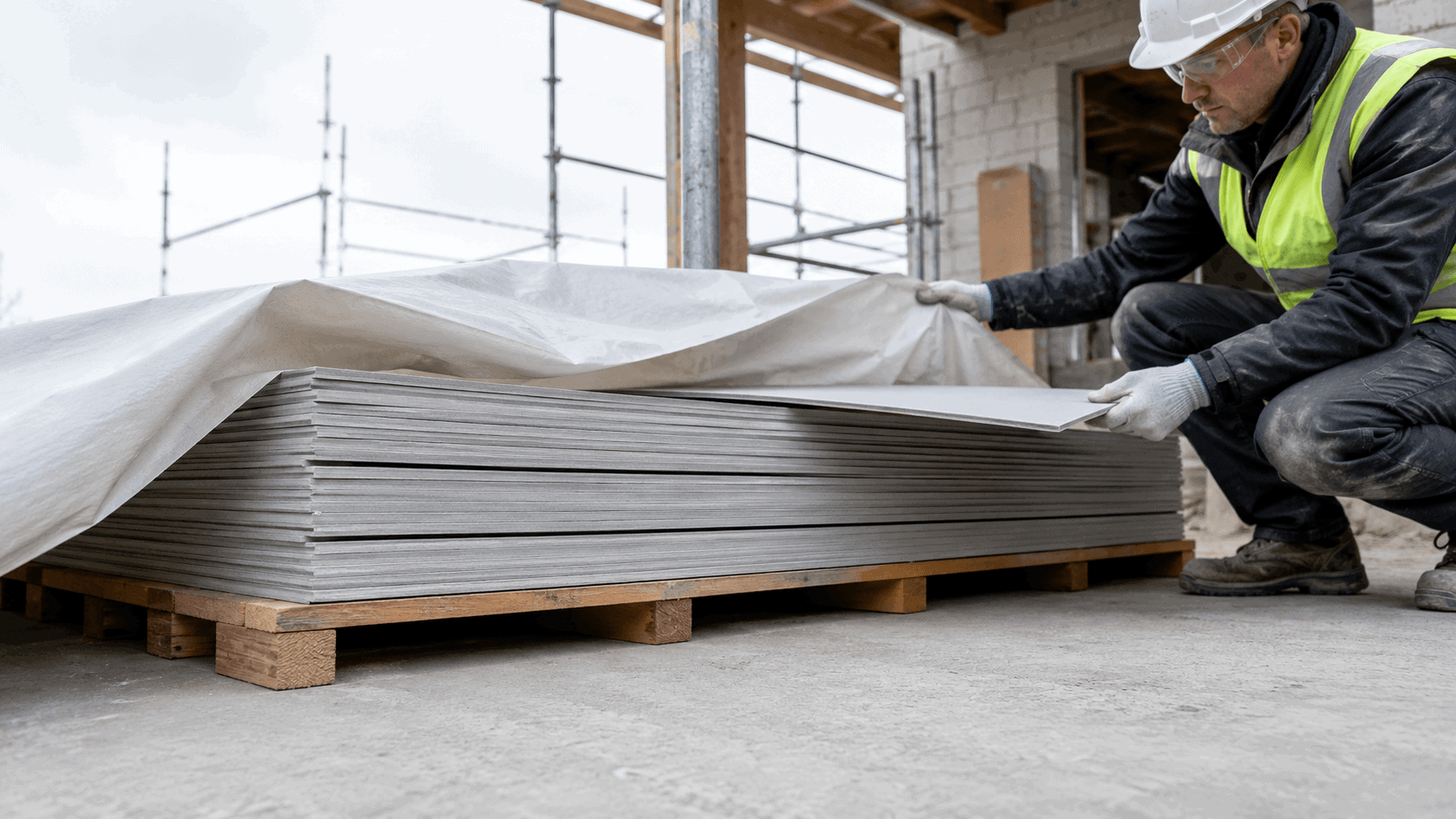 Fiber cement boards stored on a pallet and protected with white sheeting while a worker handles them with clean gloves.