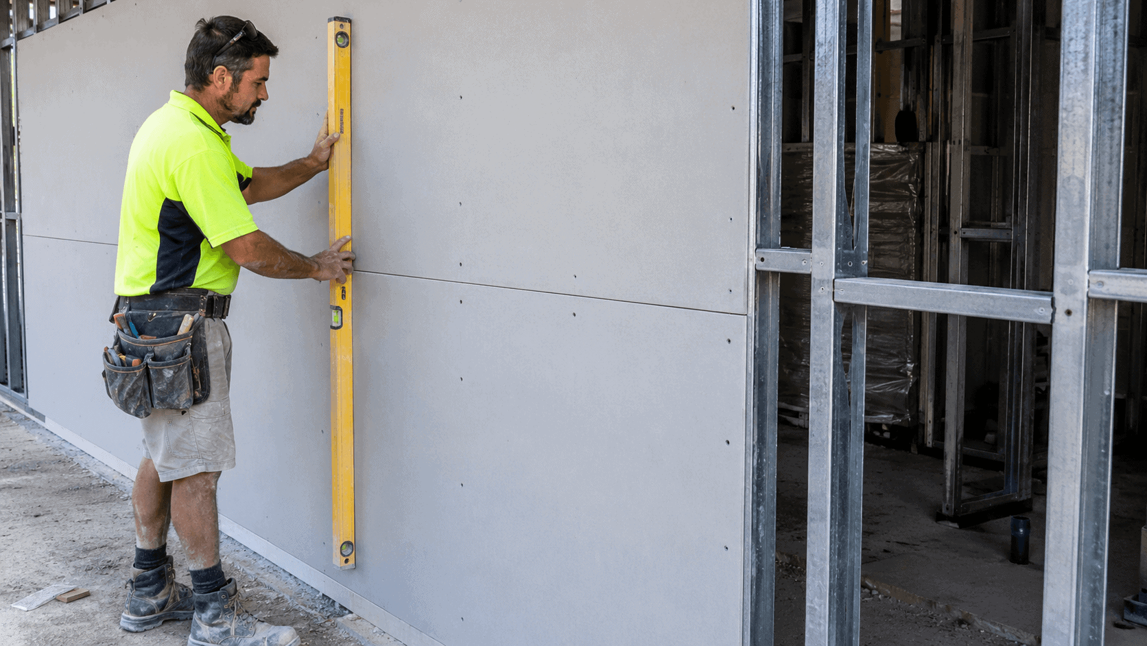 Fiber cement board wall installation showing straight support framing, proper screw fixing, aligned joints, and a flat board surface.