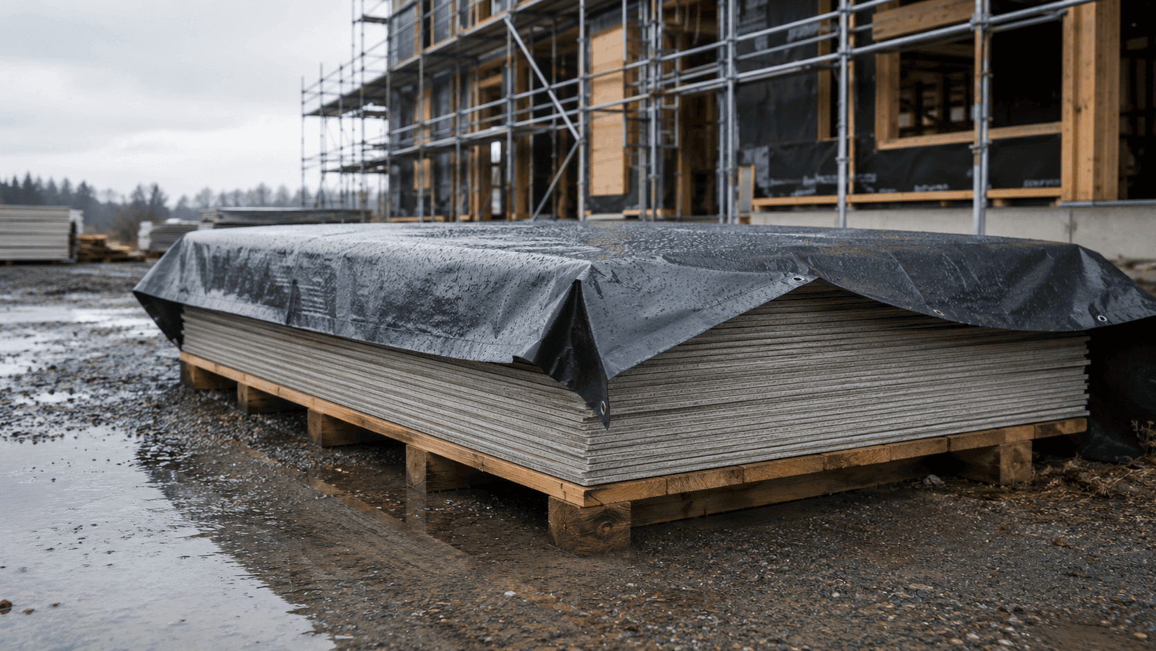 Fiber cement boards stored on raised wooden supports and covered with a waterproof tarp to protect them from rain before installation