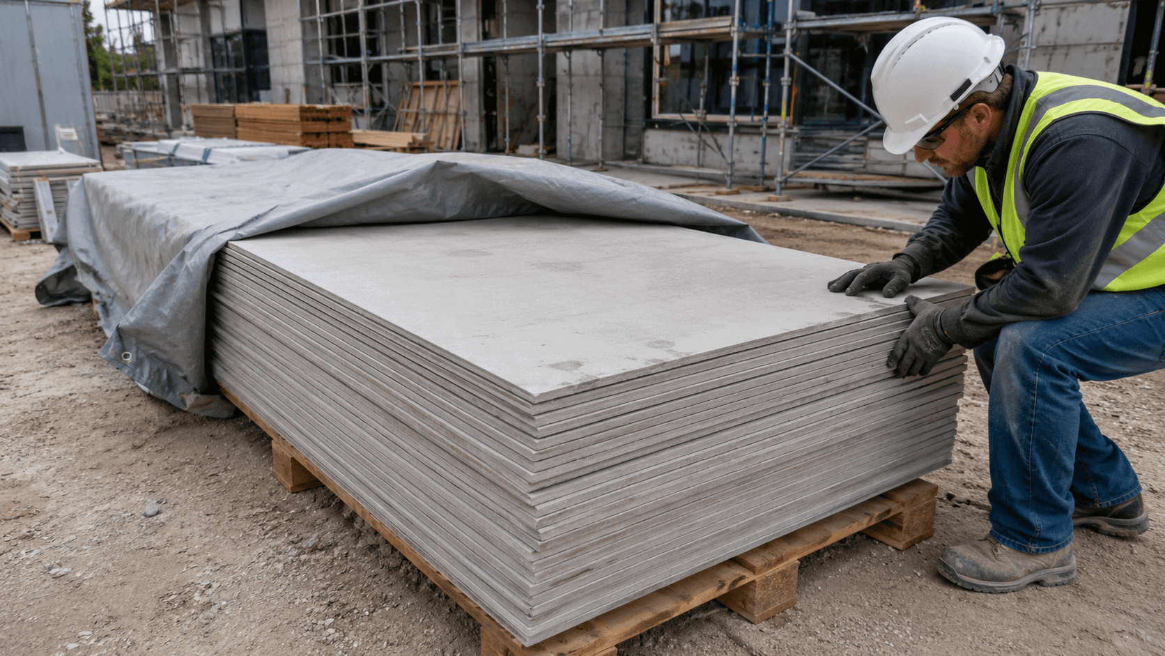 Construction worker inspecting fiber cement boards on a raised pallet for water marks, dust, surface stains, and discoloration before finishing