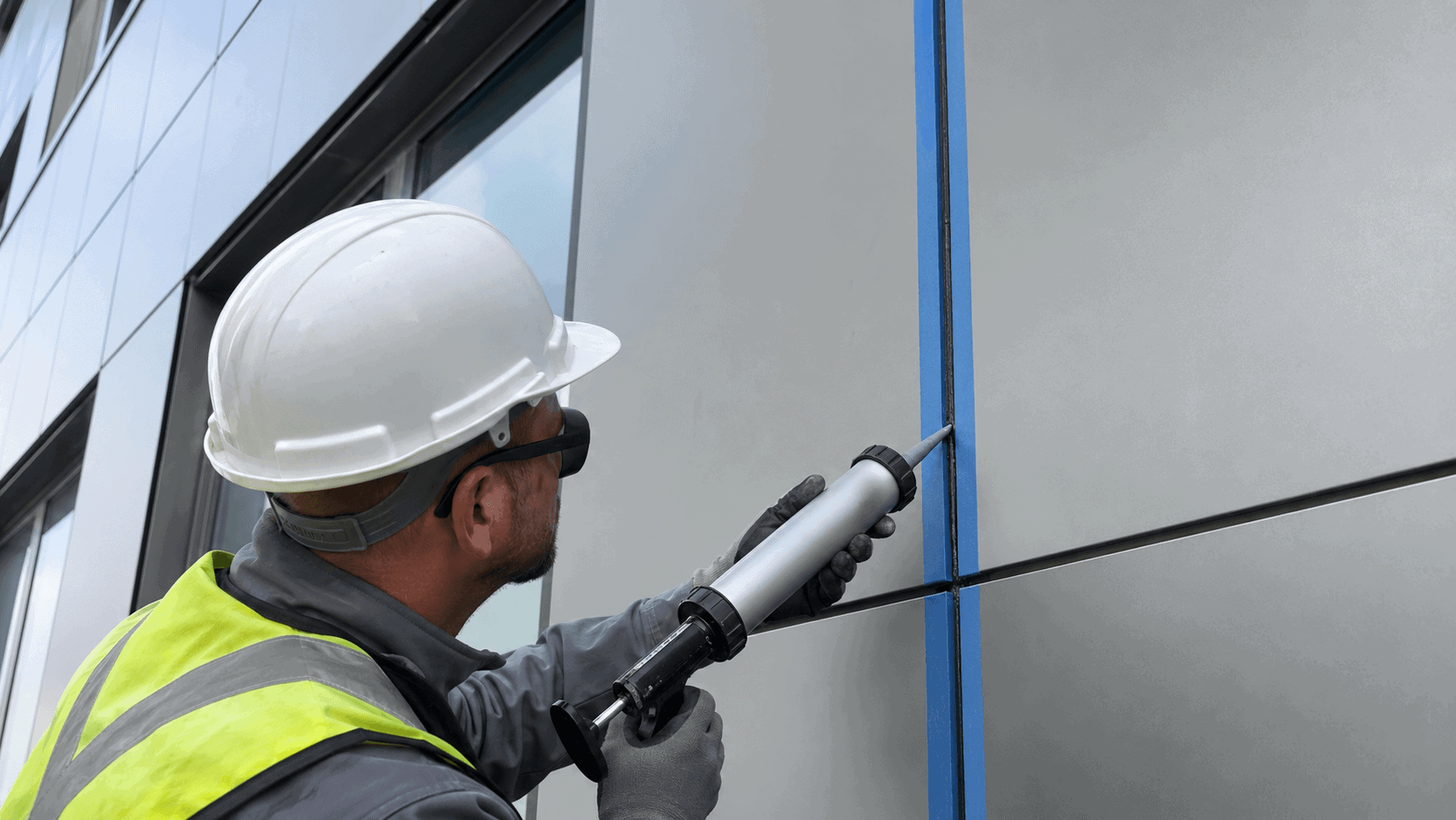 Installer sealing aluminium composite panel joints on a modern façade with masking tape for clean weatherproofing.
