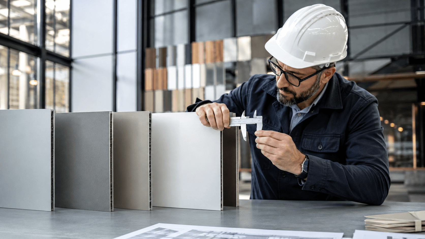 Technical specialist measuring aluminium composite panel thickness with a caliper in a professional materials showroom.