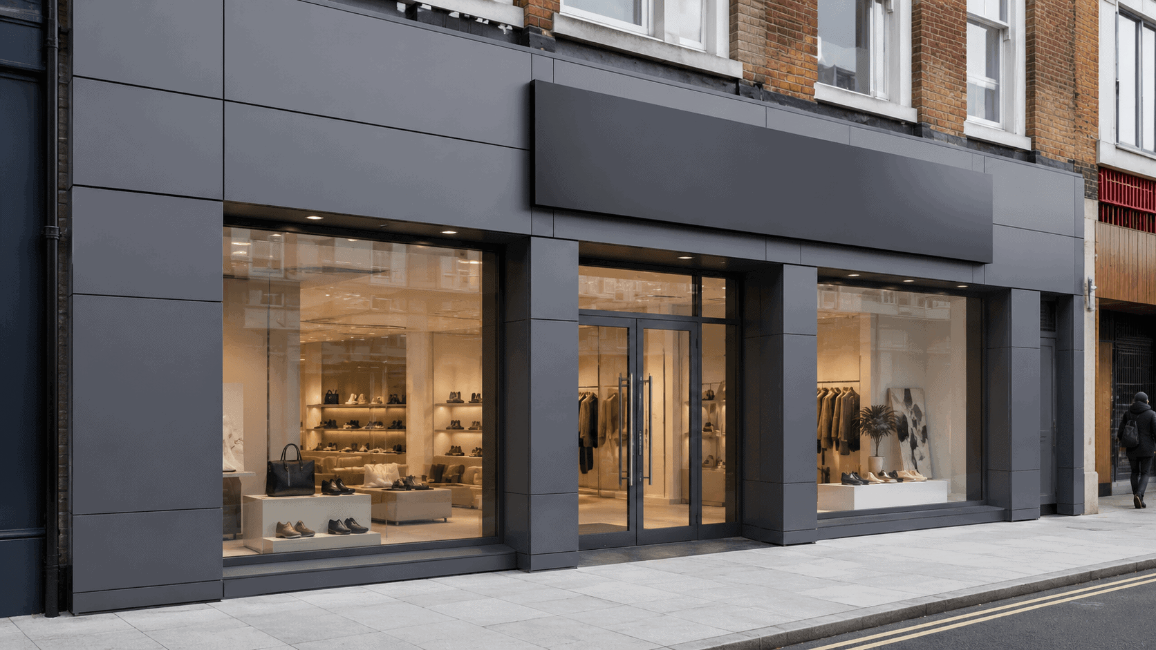Modern retail shopfront finished with aluminium composite panels, clean joints, large glass windows, and a sleek signage area.