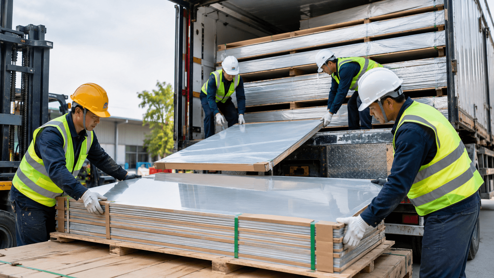 Workers carefully unloading aluminium composite panels from a truck with protective film, edge protection, and proper handling.
