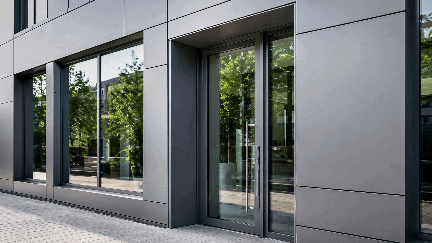 Modern façade with aluminium composite panel window and door returns, clean edges, neat joints, and professional cladding details.