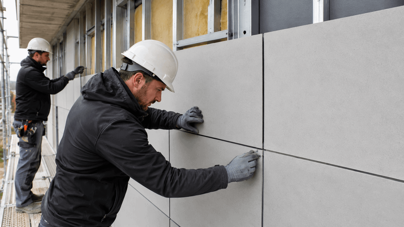 Installer aligning fiber cement boards on an exterior façade with clean, consistent joint gaps between panels.