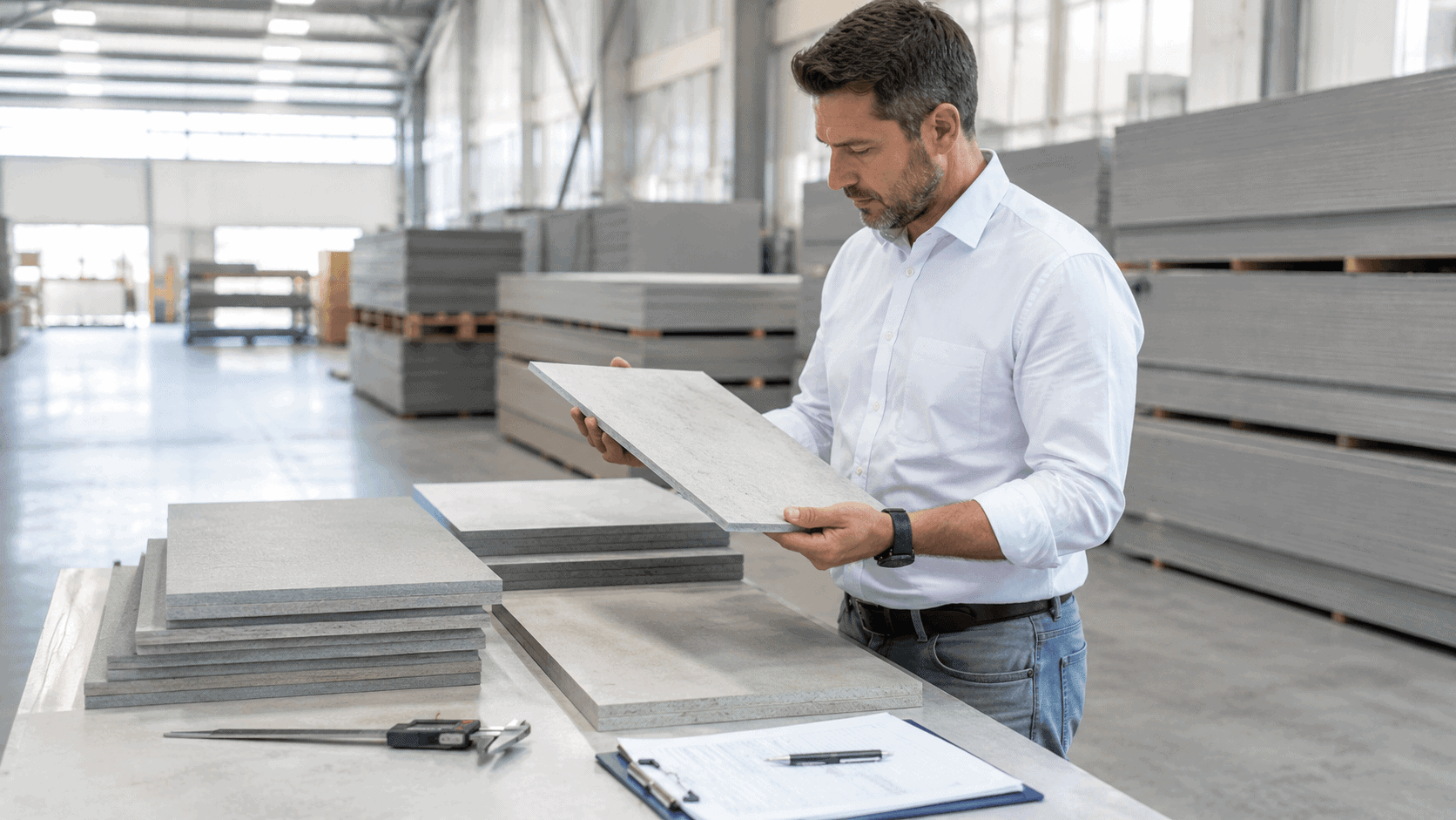 Technical specialist inspecting fiber cement board samples in a warehouse to evaluate density, thickness, weight, and material performance.
