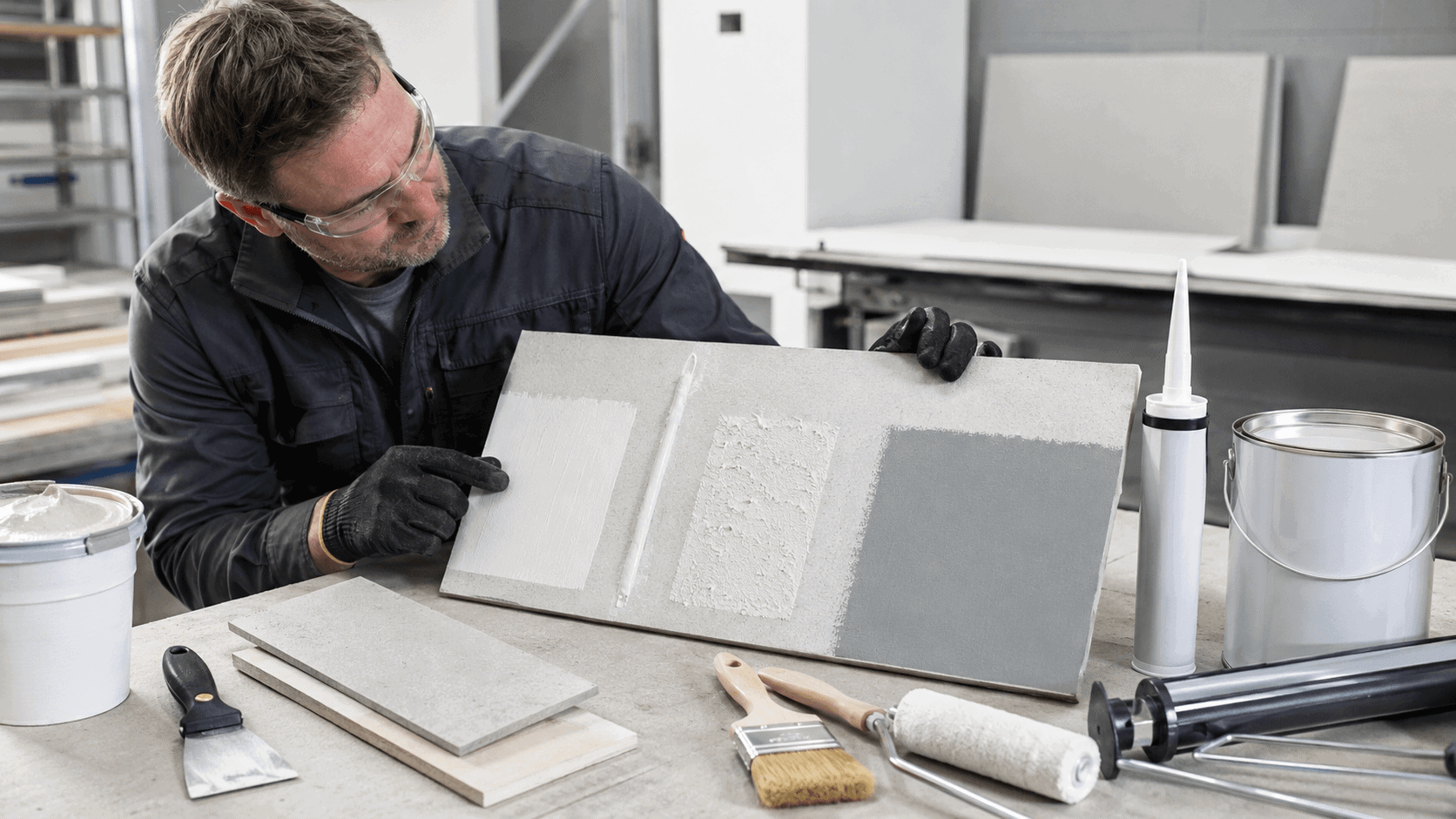 Worker inspecting primer, filler, sealant, and coating test patches on a fiber cement board sample in a workshop.