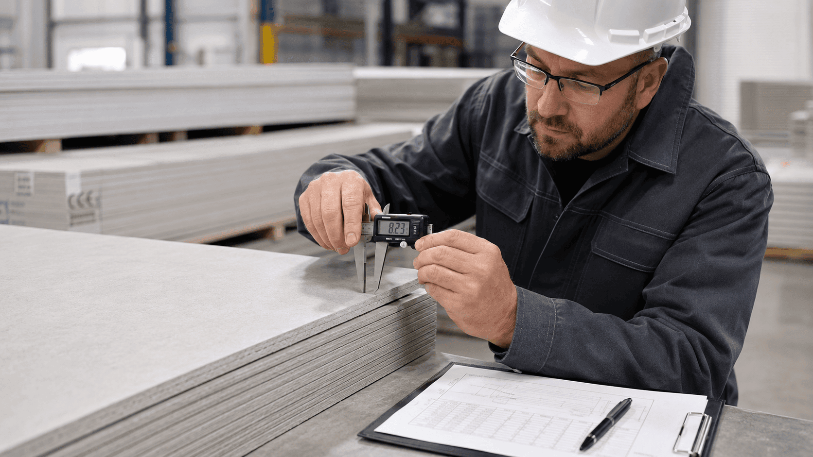 Technical specialist measuring fiber cement board thickness with a digital caliper to check tolerance and installation consistency.