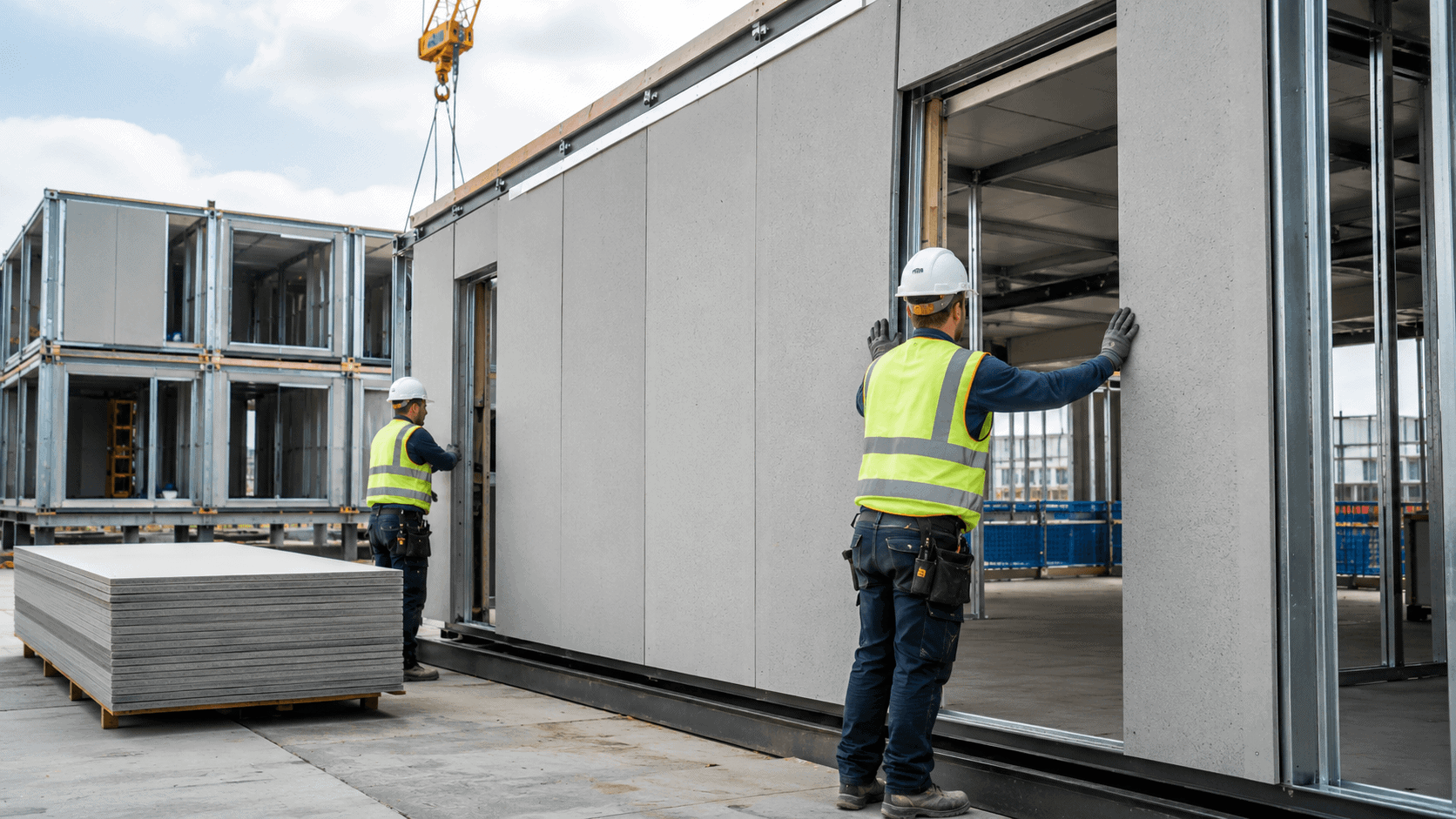 Workers installing fiber cement boards on prefabricated modular wall panels to improve build quality and factory consistency
