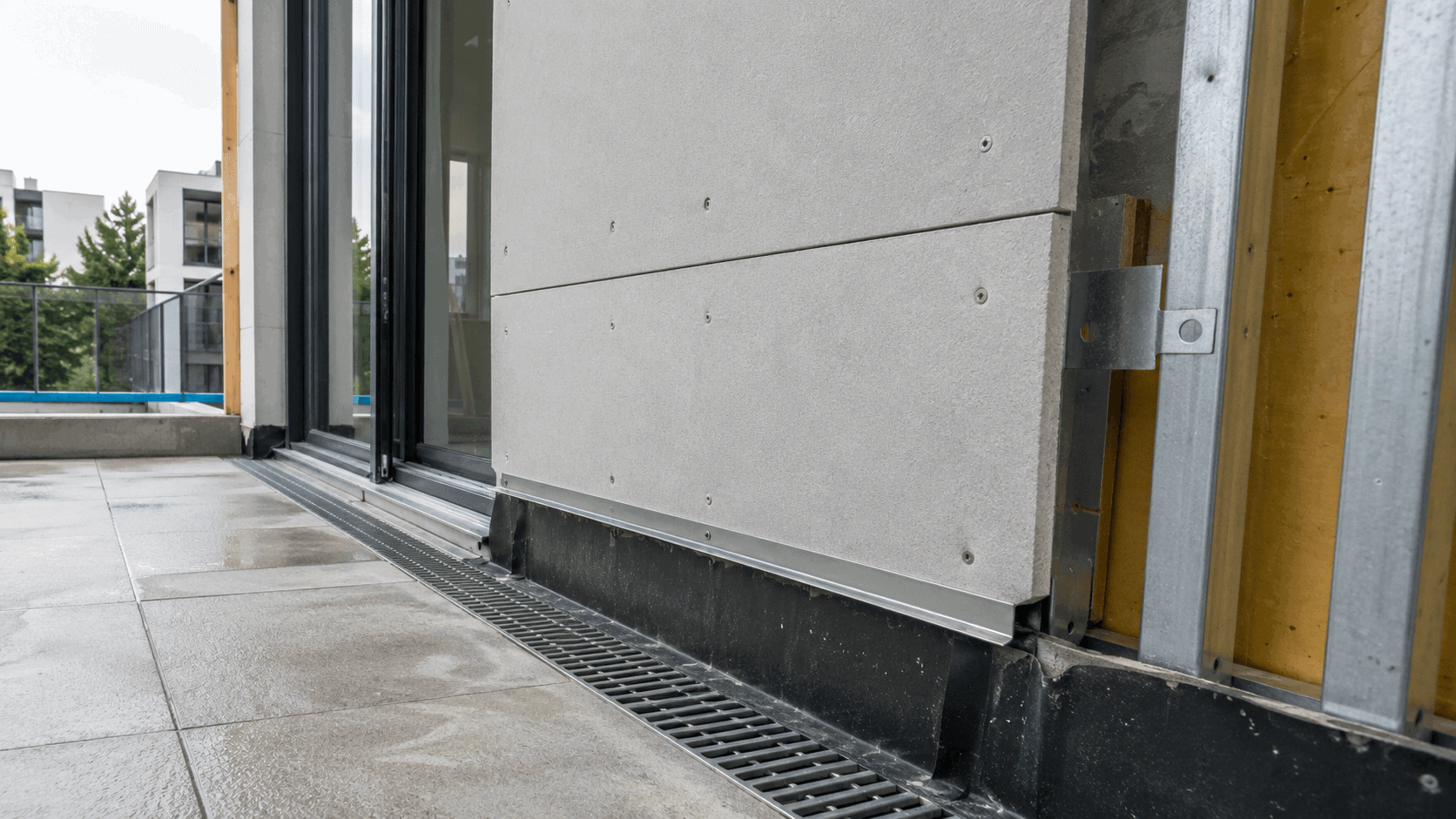 Fiber cement board installed around a balcony and terrace wall with drainage channel, waterproofing upstand, base clearance, and moisture protection.