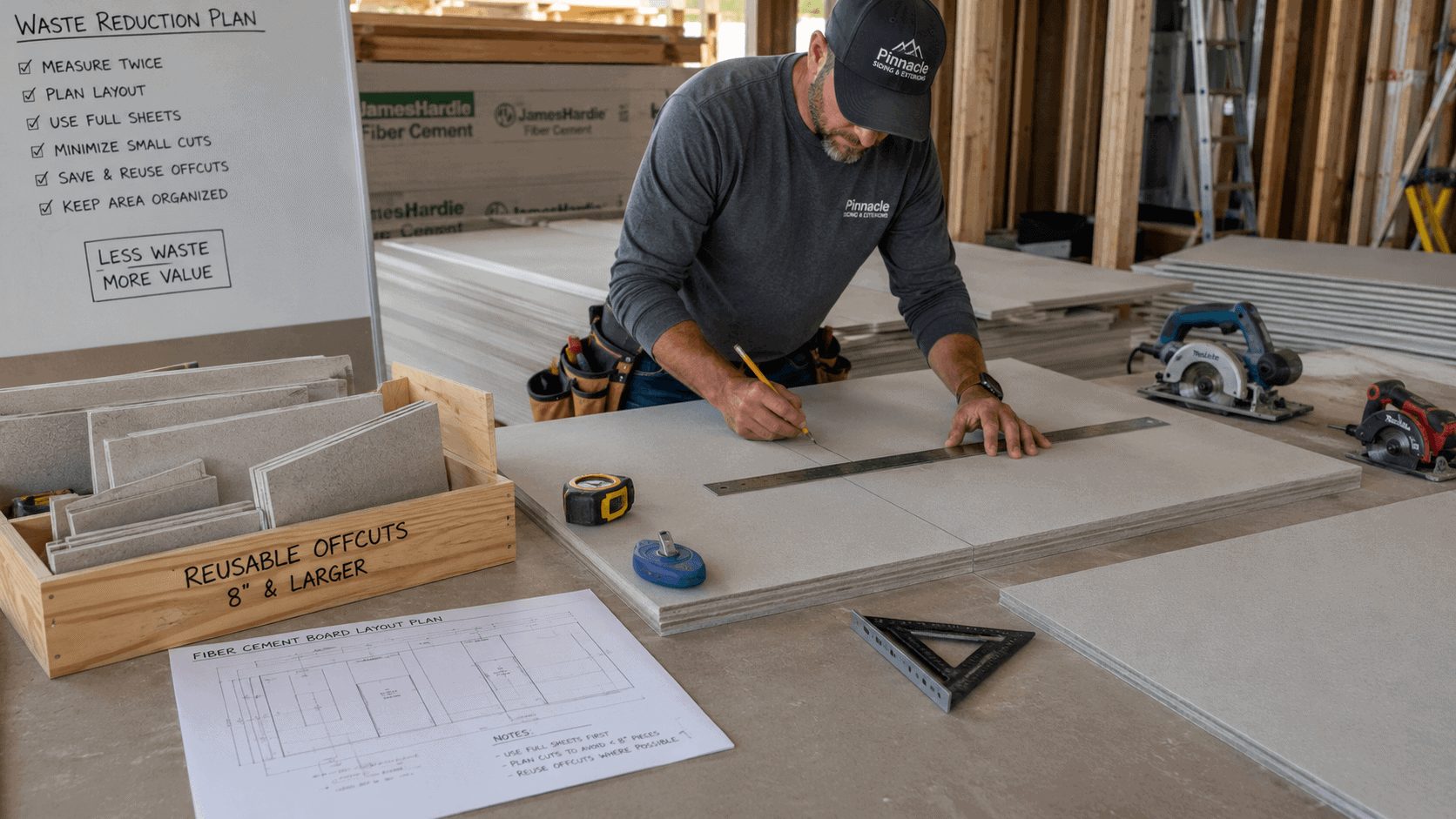 Worker marking fiber cement boards according to a cutting layout plan to reduce material waste and reusable offcuts on site.