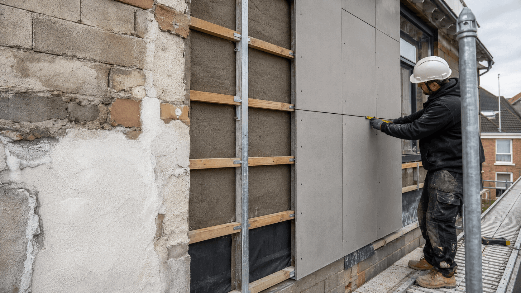 Fiber cement board being installed over an existing masonry wall during renovation with timber battens, metal framing, and screw fixings.