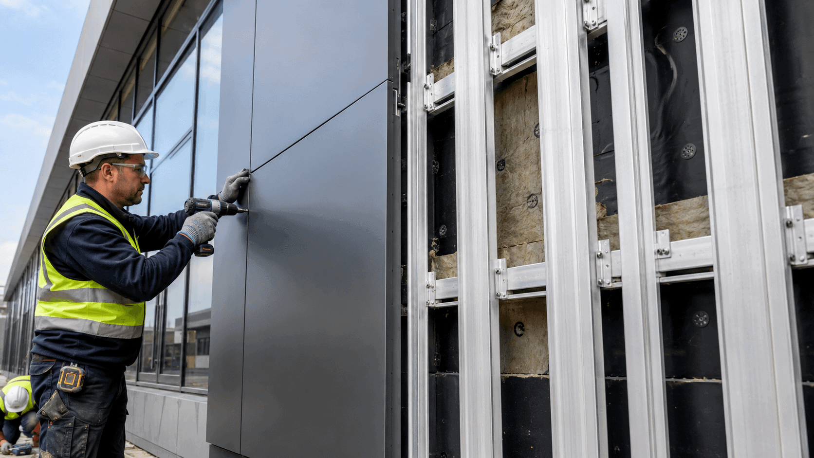 Installer fixing aluminium composite panels onto a façade subframe during exterior cladding installation.