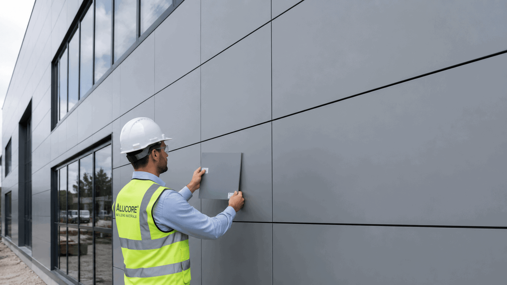 Site supervisor comparing aluminium composite panel colour consistency on a modern façade.