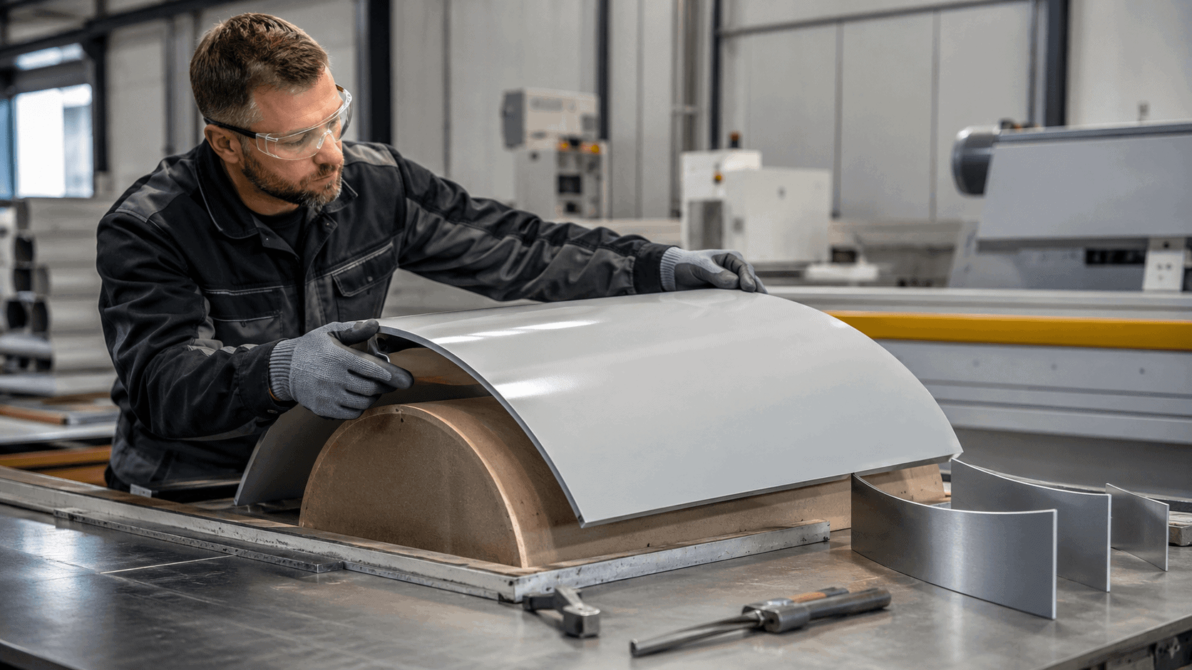 Worker bending an aluminium composite panel over a curved form in a professional fabrication workshop.