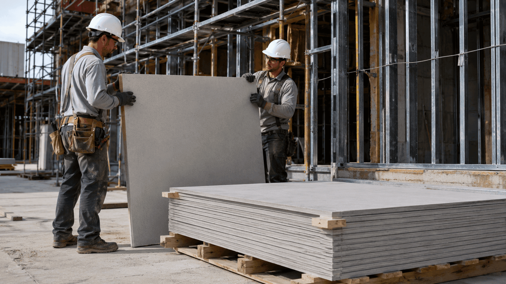 Construction workers carefully handling a fiber cement board beside a properly supported stack to prevent edge damage, chips, cracks, and broken corners
