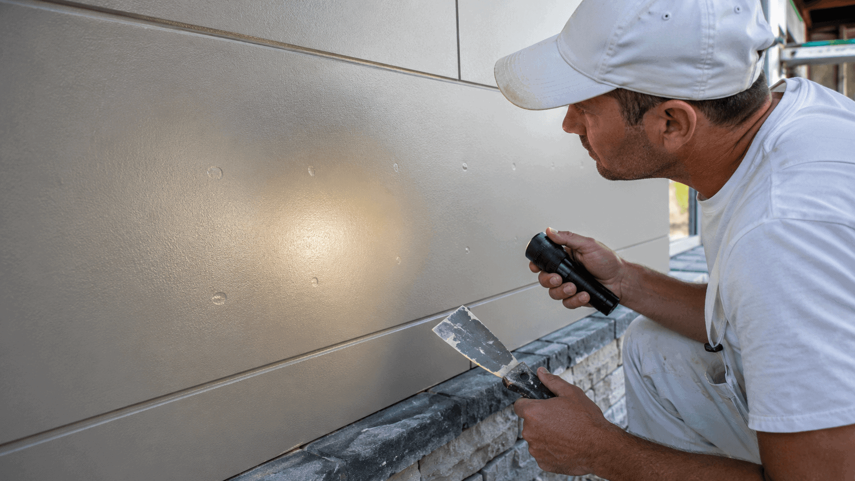 Worker inspecting visible screw head marks through paint on a fiber cement board wall.