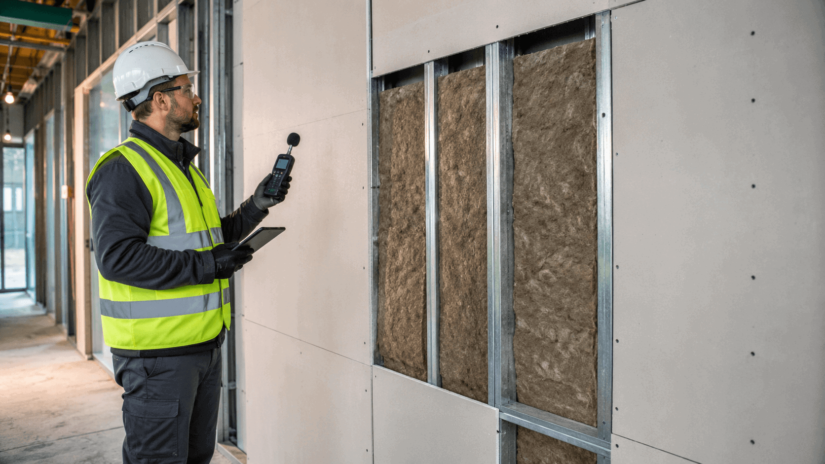 Inspector measuring sound levels on a fiber cement board wall with exposed metal studs and acoustic insulation.