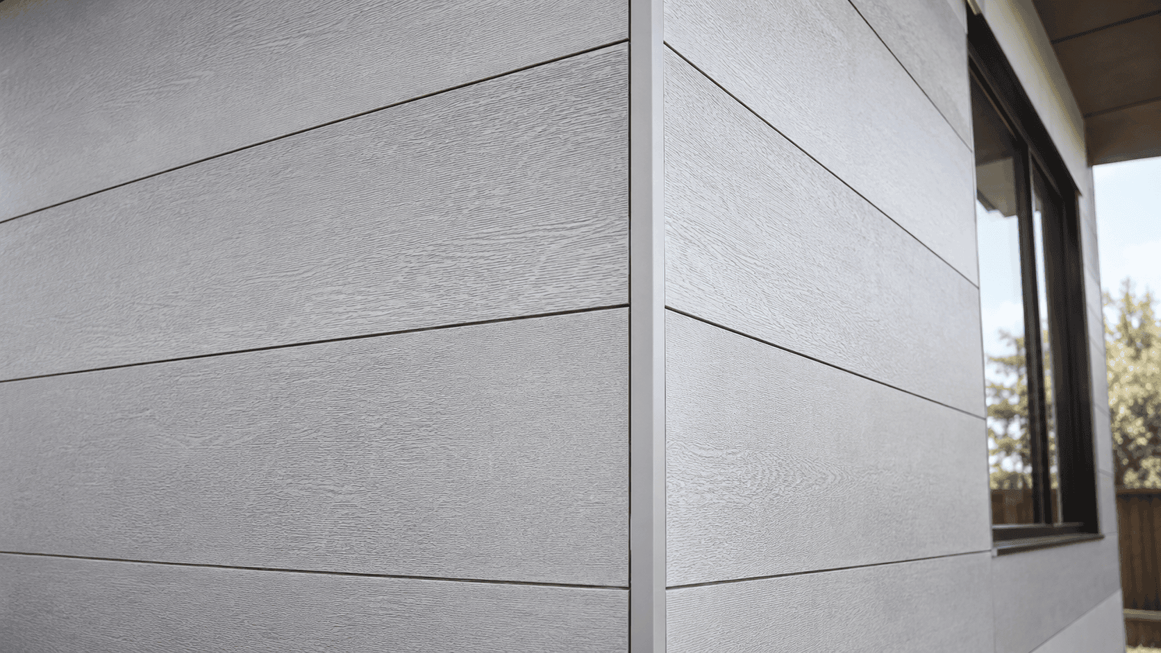 Clean fiber cement board external corner with aligned panels, protective corner trim, and visible joint gaps on a modern façade.