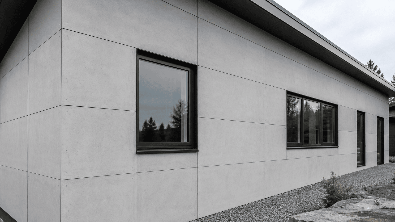 Unpainted fiber cement board façade with natural grey panels, visible joints, screw fixing points, and modern black-framed windows.