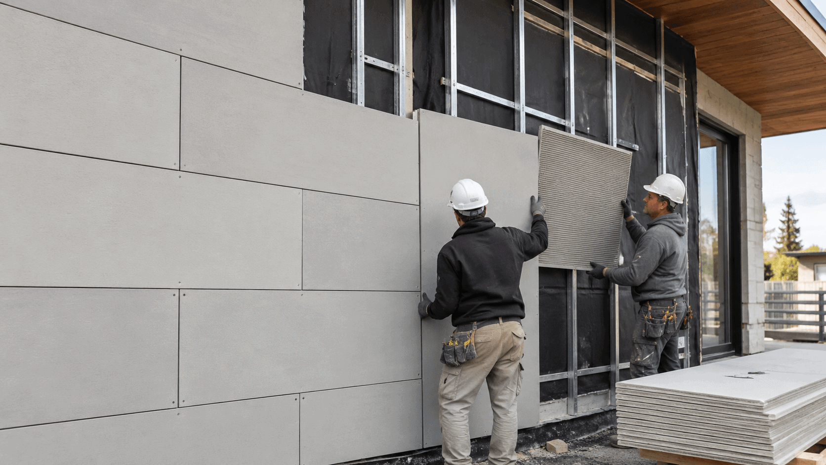 Installers positioning fiber cement boards on a façade while checking the smooth and textured sides before fixing the panels.