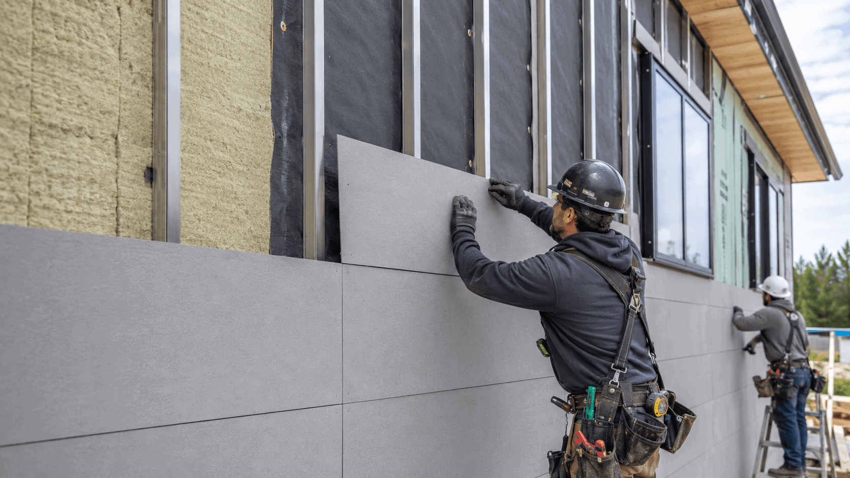 Installer fixing fiber cement board over a wall system with insulation, breather membrane, vertical rails, and ventilation cavity.